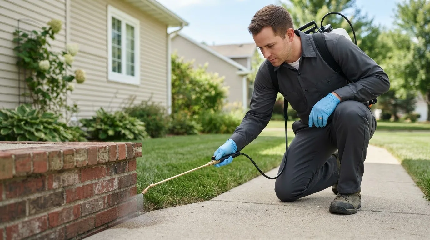 Pest control technician treating a home near Boothbay, ME