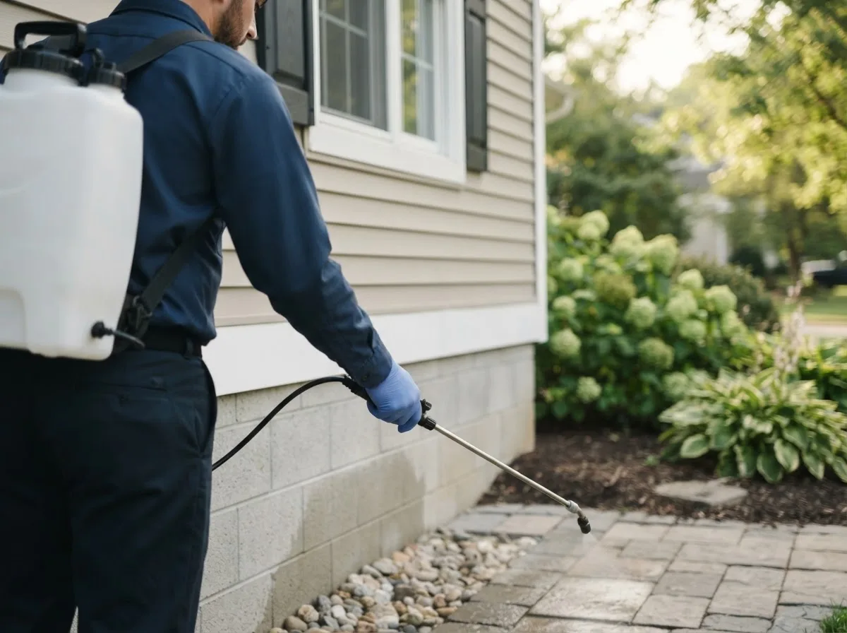 Pest control technician inspecting a home in Boothbay, ME